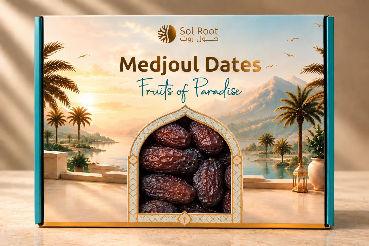 Sol Root Medjoul dates box with gold lettering and teal sides on a warm sand background
